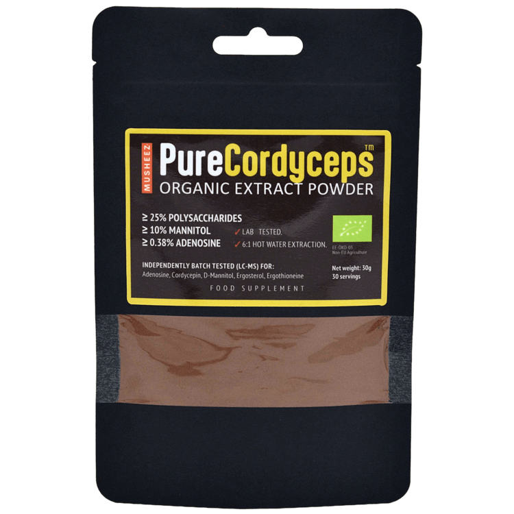 Musheez Pure Cordyceps organic extract powder package transparent background