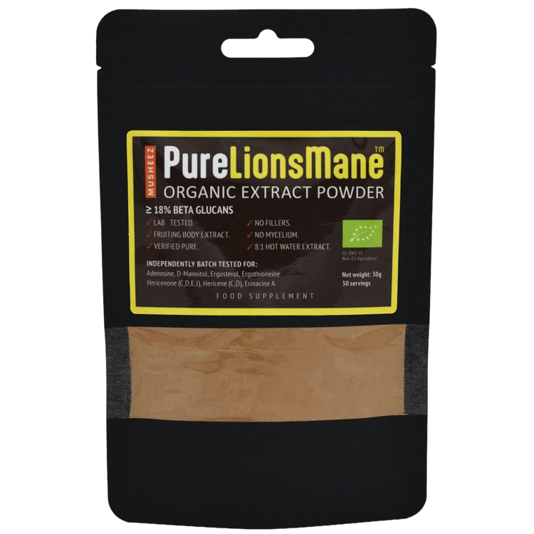 Musheez Pure Lions Mane organic extract powder package transparent background