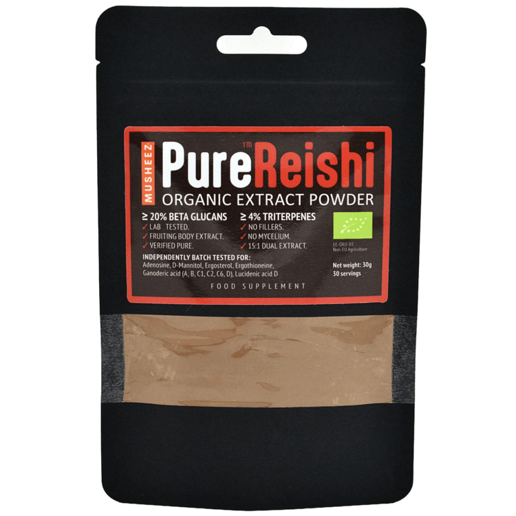 Musheez Pure Reishi organic extract powder package transparent background