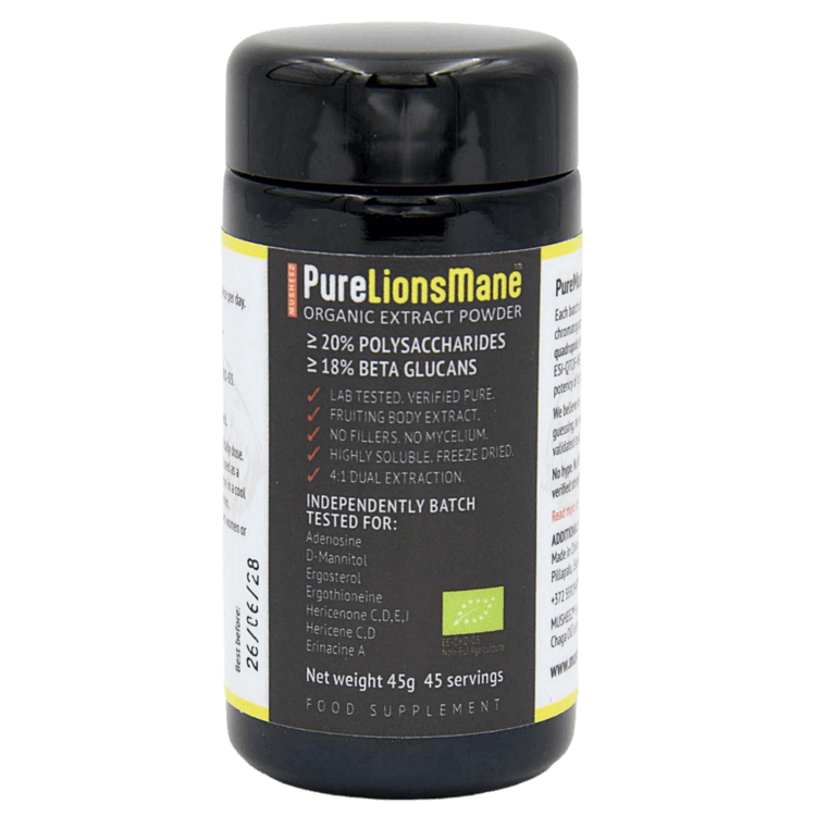 Black Miron Glass jar of Musheez Pure Lions Mane Dual Extract powder with product details and branding