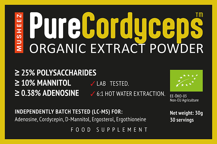 
                  
                    Musheez Pure Cordyceps Organic Extract Powder label with key details
                  
                