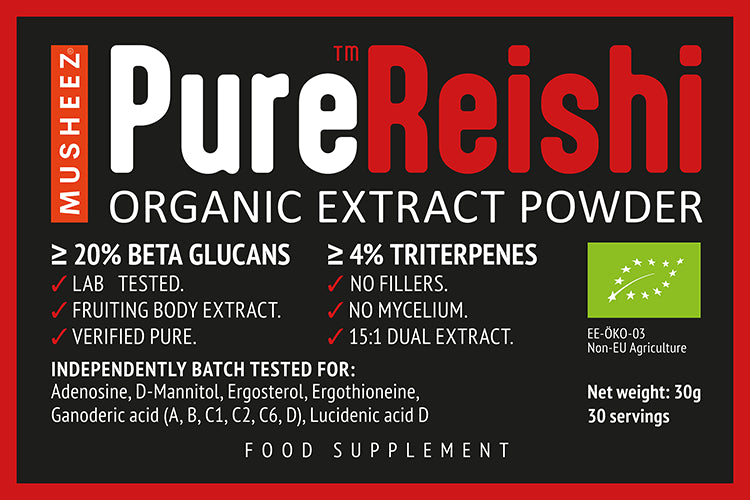 
                  
                    Label of Pure Reishi Organic Extract Powder with key features and branding details.
                  
                