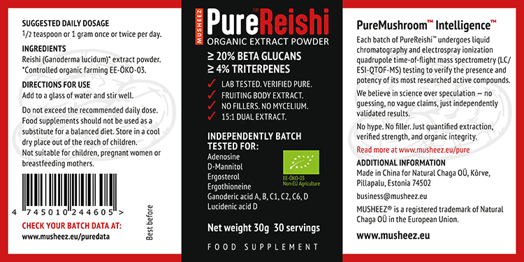 
                  
                    Musheez Pure Reishi organic extract powder packaging with text and branding details.
                  
                